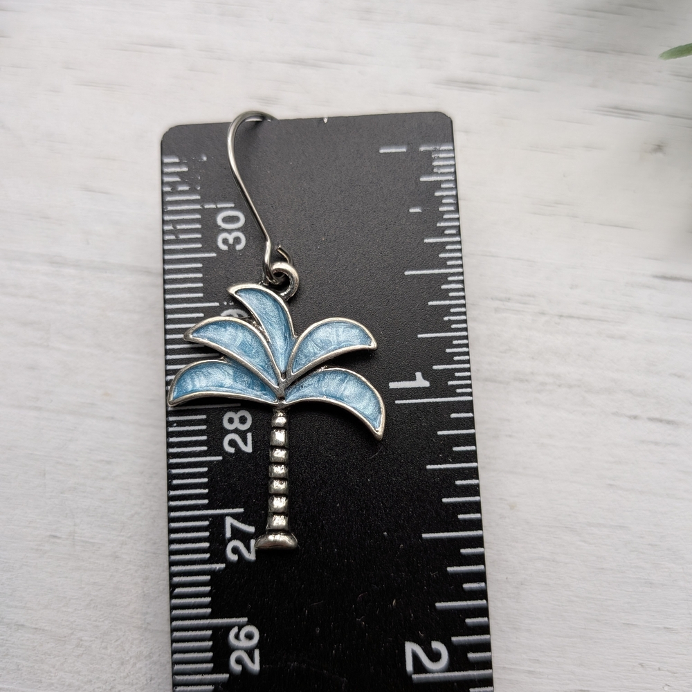 Blue Palm Tree Dangle Earrings / Beach Jewelry - Picture 4 of 5